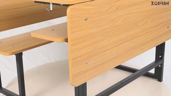 Mesa y silla dobles conectadas de metal de madera, pupitre y banco